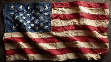 Old and worn American flag draped over textured surface in a dramatic light that highlights its colors and fabric details photo