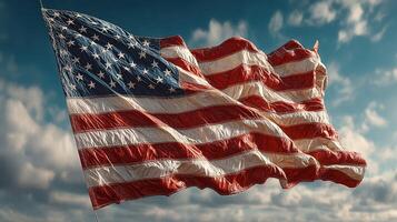 Waving American flag against a backdrop of blue sky with clouds during a sunny day photo
