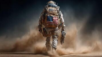 Soldier walks through dusty terrain while carrying equipment in a military operation photo