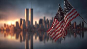 Flags wave proudly against a New York skyline at dusk, honoring the past and reflecting resilience in the face of adversity photo