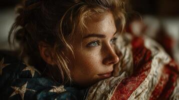 Portrait of a young woman wrapped in a vintage American flag reflecting on her surroundings indoors in the late afternoon light photo
