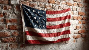 Worn American flag hangs against a rustic brick wall showcasing patriotism and history photo