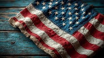 Old worn American flag on rustic wooden surface highlighting the traditional colors and patterns of patriotism photo