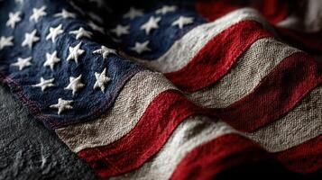 Close-up view of a weathered American flag gently waving in a soft breeze during daylight hours photo