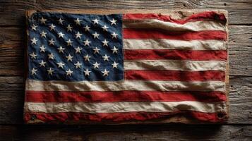 Old and weathered American flag displayed on rustic wooden surface in warm lighting photo