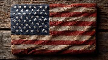 Wooden American flag art piece displayed on rustic wooden background in a cozy interior setting photo