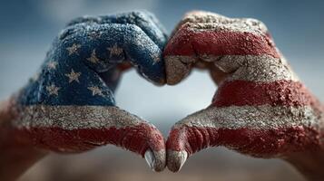 Hands painted in American flag colors forming a heart shape to symbolize patriotism and unity during a celebration in summer photo