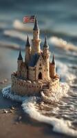 Sandcastle with small flag on a beach during sunset near gentle ocean waves creating a serene summer atmosphere photo