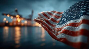 American flag waves in the rain near a harbor with distant industrial cranes at dusk photo