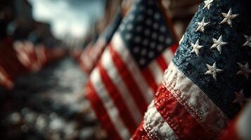 Small American flags display on a rainy day in a patriotic gathering during national celebration events photo