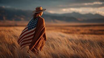 Woman draped in American flag walks through golden grass during sunset in vast landscape photo