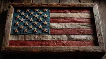 Rustic wooden American flag art displayed on a dark wooden background creates a vintage feel in home decor photo
