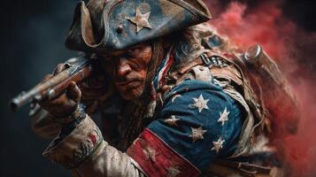 Historical reenactor dressed as a Revolutionary War soldier aiming a musket with patriotic attire and intense expression during a battle recreation photo