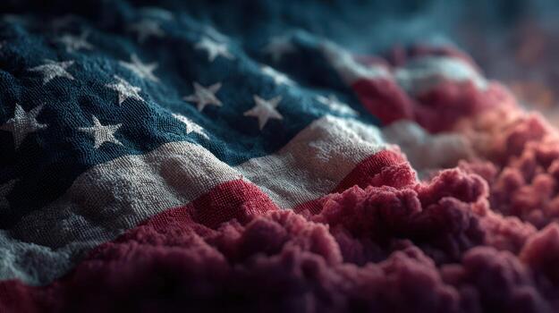 Waving American flag with vibrant colors and texture in a close-up view at sunset photo