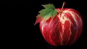 Bright red apple with a leafy stem resting on a black background showcasing natural beauty and texture photo