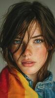 Portrait of a young woman with striking blue eyes and freckles wrapped in a rainbow scarf against a neutral background photo