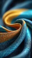 Vibrant flowing fabric in shades of blue and orange displayed elegantly in soft light photo