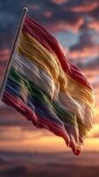 Vibrant flag fluttering against a colorful sunset sky with dramatic clouds creating a captivating atmosphere photo