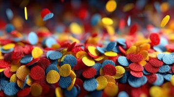 Colorful confetti of blue, red, and yellow scattered on a surface creates a festive atmosphere for celebrations and parties photo