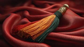 Colorful decorative tassel resting on rich fabric creates an elegant display of craftsmanship and texture photo