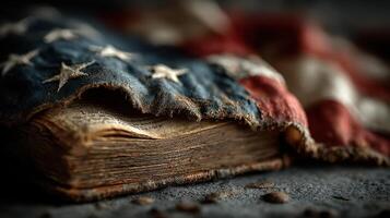 Vintage American flag draped over a worn book with historical significance in a softly lit setting photo
