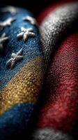 Close-up view of a textured American flag showcasing vibrant colors and intricate stitching details in a dramatic light setting photo