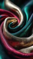 Colorful silky fabric with vibrant hues creates an elegant swirl effect in a close-up view photo