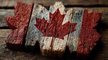 Rustic wooden representation of the Canadian flag with a natural texture on a dark wooden background photo