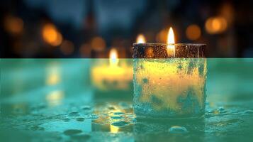 Warm glow of candles illuminating a rainy evening street in a tranquil urban setting photo