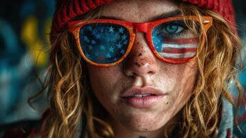 Woman with colorful sunglasses reflecting the American flag in an urban setting with vibrant graffiti art background photo