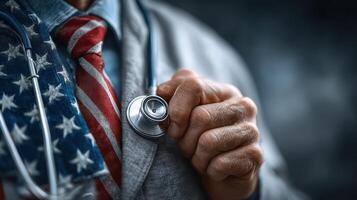 Health professional in formal attire shows commitment to care with stethoscope near American flag emblem in meditative moment photo
