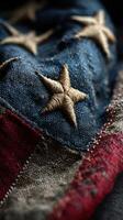 Close-up of vintage flag texture with detailed stitching in shades of red, white, and blue displayed on fabric photo