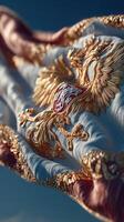 Exquisite detailing of a flag with intricate embroidery showcasing national symbols against a clear blue sky photo