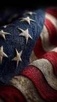 Close-up view of American flag fabric showcasing detailed stitching and colors in vibrant texture photo