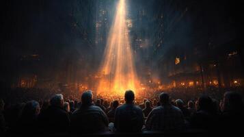 Crowd watching a dramatic light display in an urban environment during a night event in a densely populated area photo