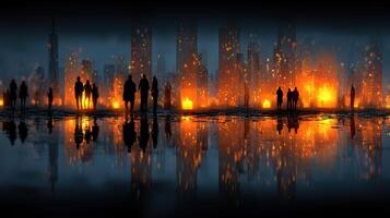 City skyline illuminated by glowing lights and silhouetted figures at dusk in a serene urban setting photo
