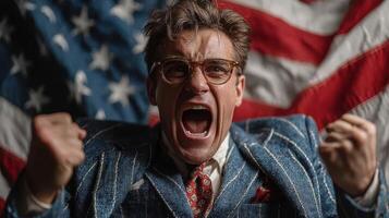 Man in striped suit expressing intense emotions in front of an American flag backdrop during a dramatic moment in an indoor setting photo
