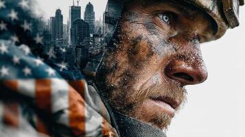 Portrait of a soldier with urban landscape overlay highlighting resilience and strength in city life photo