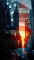 Reflections of hope with an urban skyline and patriotism at sunset photo