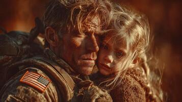 Father holds daughter tightly in a moment of connection during an emotional reunion in a war-torn area at sunset photo