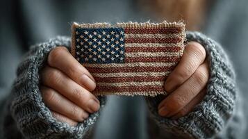 Hands hold a vintage American flag patch while wearing a cozy sweater in a warm, inviting atmosphere photo