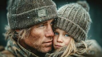 Father and daughter embrace in snowy landscape, showcasing love and warmth during winter day photo