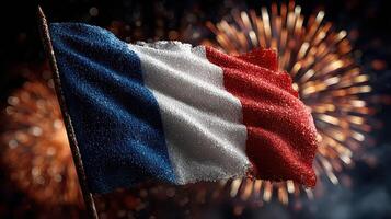 Vibrant display of French flag amidst festive fireworks celebration at night event photo