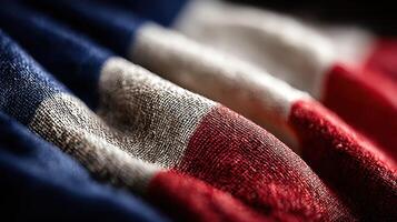 Close-up view of a textured fabric featuring the tricolor design of a national flag showcasing red, white, and blue colors photo