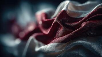 Fabric with red and white folds reflects light creating an artistic abstract design in a dark setting photo
