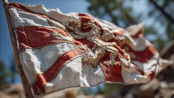Historic flag with intricate design displayed outdoors in a natural setting under a clear blue sky, capturing the details of the fabric and embroidery photo