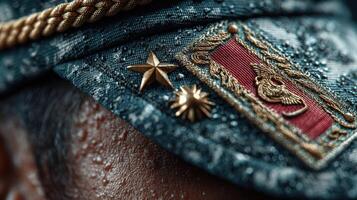 Detailed close-up of military cap showing insignia, water droplets on fabric, conveying a sense of history and respect photo