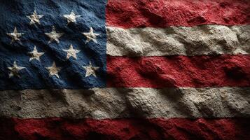 Old and weathered American flag with stars and stripes displayed prominently on textured surface photo