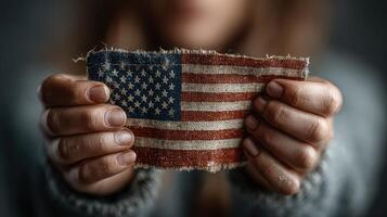 Holding a worn American flag patch in hands, representing patriotism and tradition in a close-up setting photo