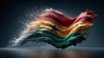 Waving flag of Ghana creating a spectacular splash effect in a darkened environment photo